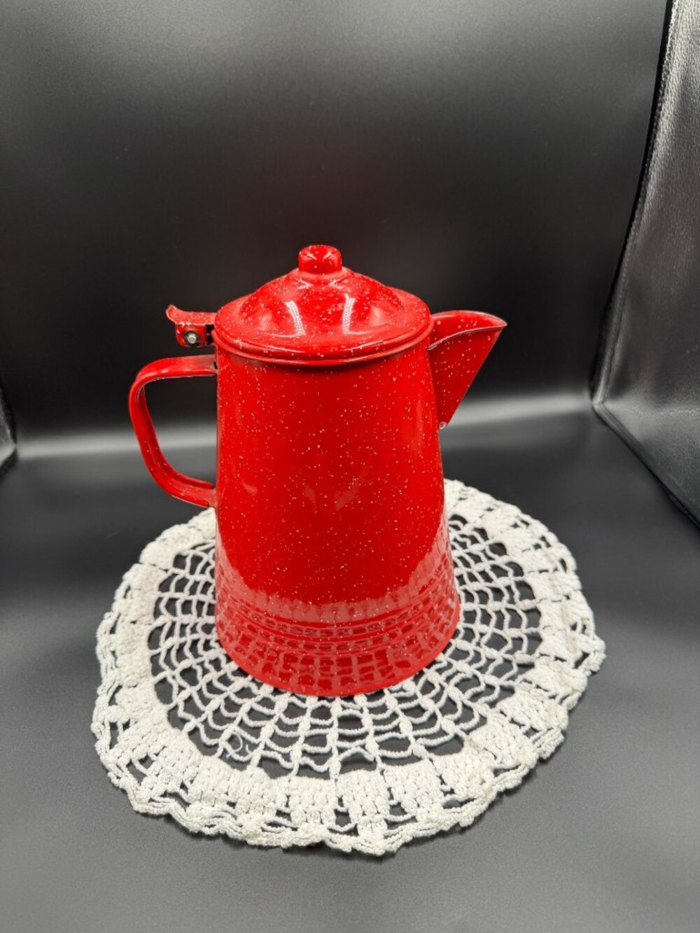 Vintage Red Speckled Enamelware Coffee Pot Farmhouse Decor
